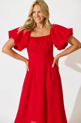 Red Linen Blend Midi Dress for Winter
